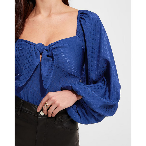 EXPRESS Satin Jacquard Tie Front Thong Bodysuit - Picture 3 of 11